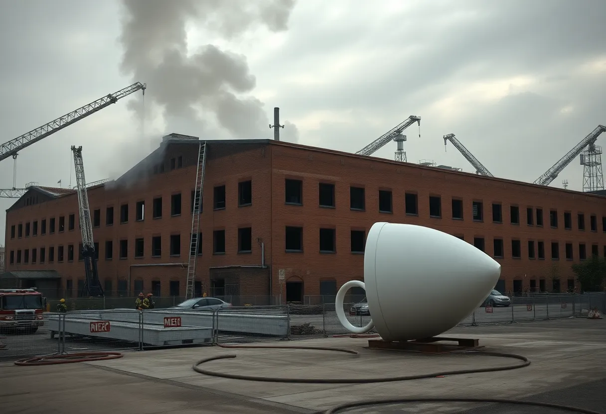Firefighters with aerial ladders at the Dixie Cup factory as smoke rises from the roof