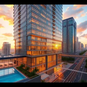 Rendering of a 35-story Domus Brickell Center condo tower with glass façade, rooftop pool and skyline in Brickell Miami