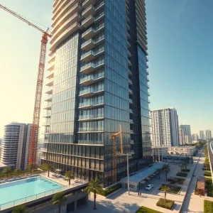 Rendering of 35-story Domus Brickell Center under construction with glass façade and rooftop pool