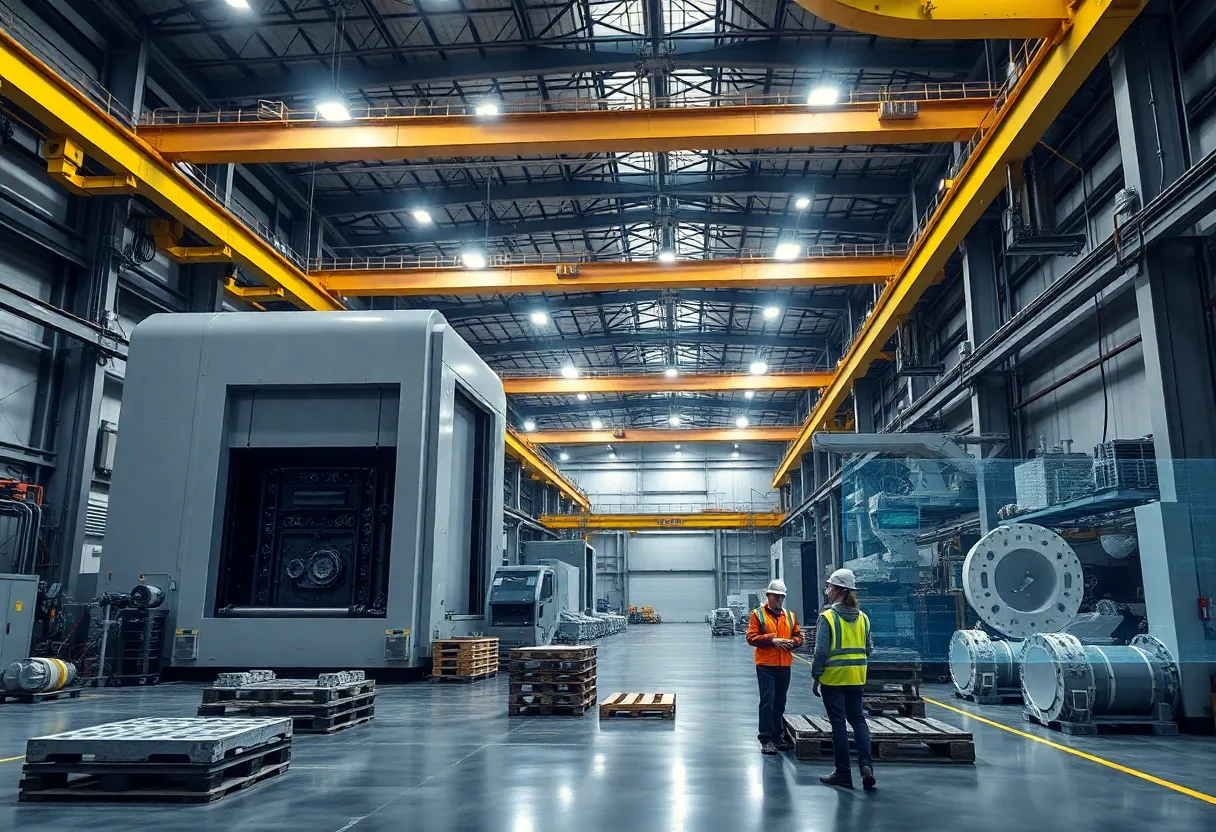 Interior of a gigacasting plant showing massive 16,000‑tonne and 10,000‑tonne die casting lines with cranes and workers