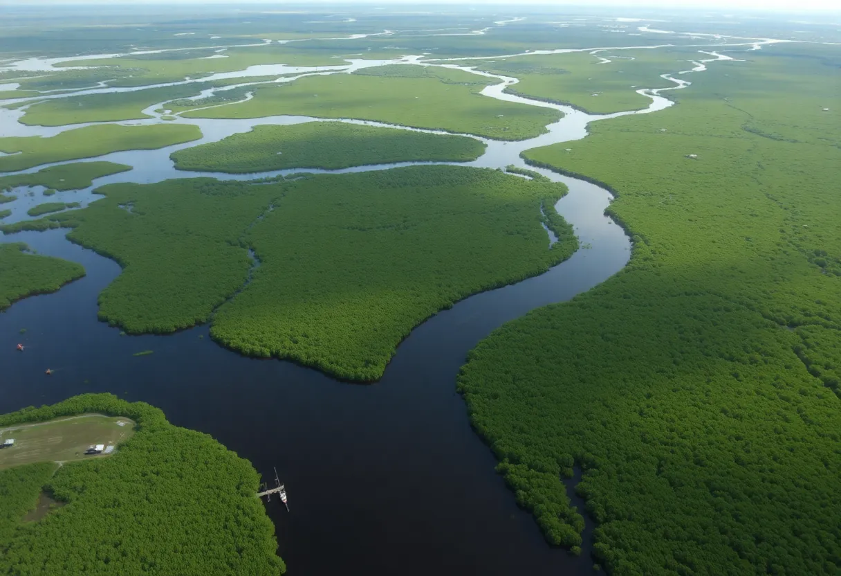 Aerial view of the Everglades restoration projects including waterways and wetlands.