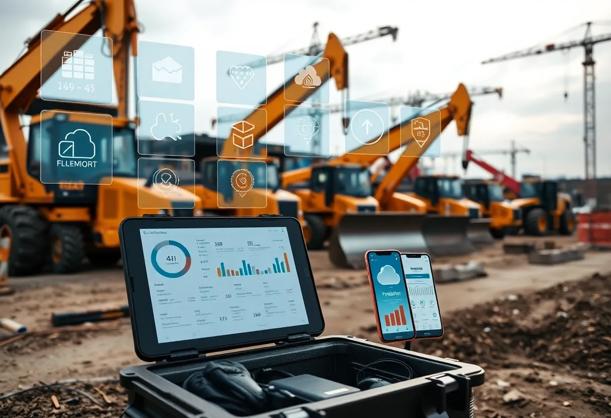 Mixed-brand construction equipment with digital fleet management overlays and mobile dashboard screens