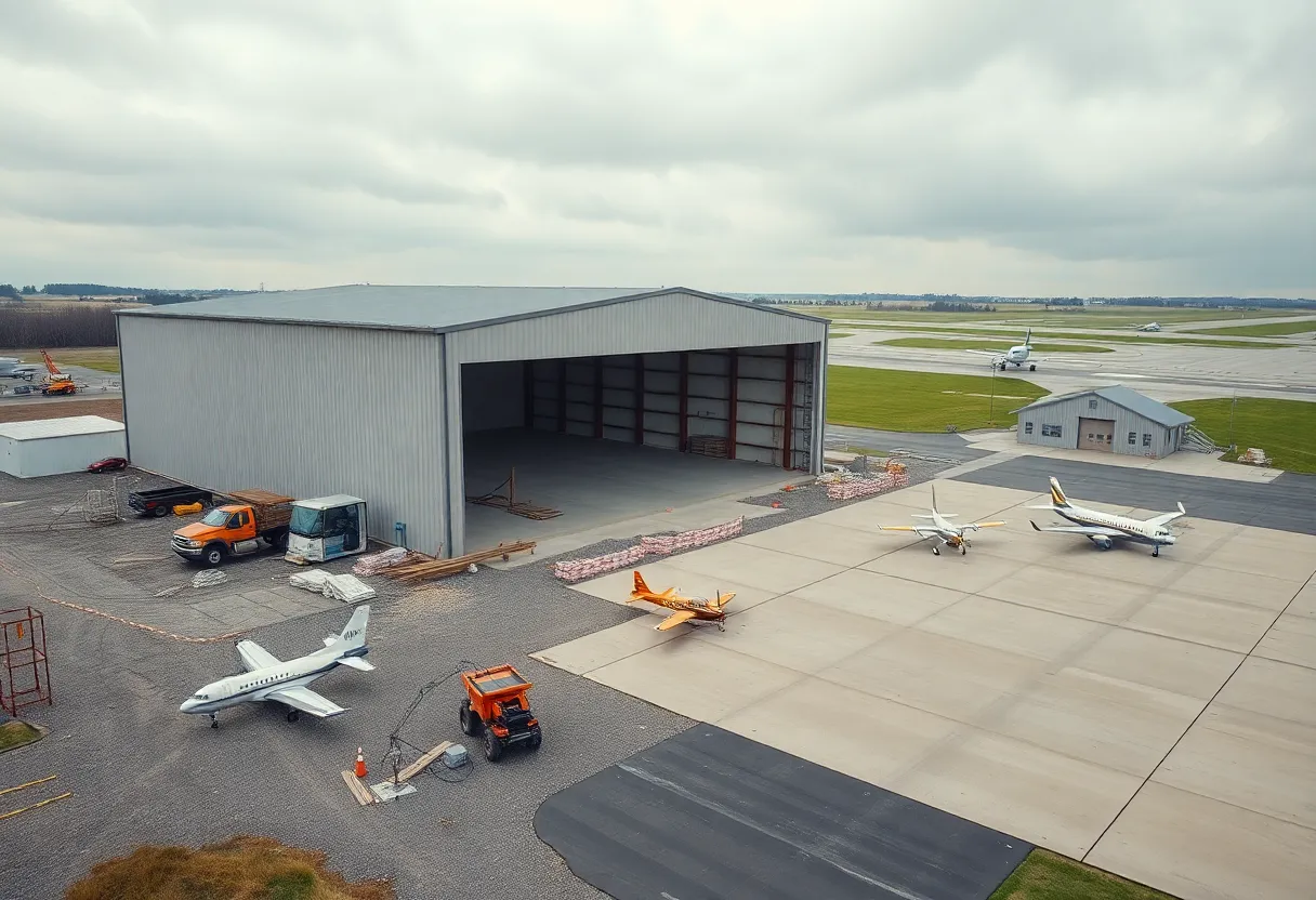 New box hangar under construction at a regional municipal airport with nearby T-hangars and small aircraft
