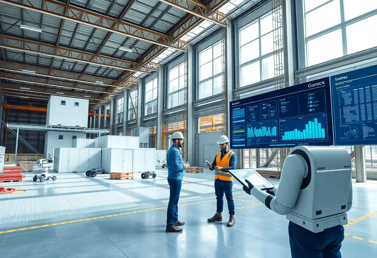 Autonomous construction robots assembling modular building components while engineers review digital schedules on tablets