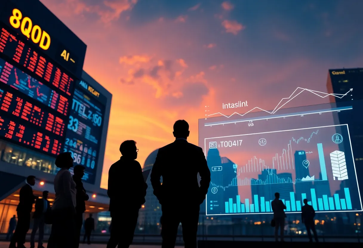 Stock exchange with rising charts, silhouetted founders and investors, AI icons and Indian city skyline