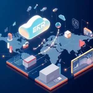 Isometric illustration of a cloud ERP platform linking industry icons over a global map with a rising growth chart and analytics visuals