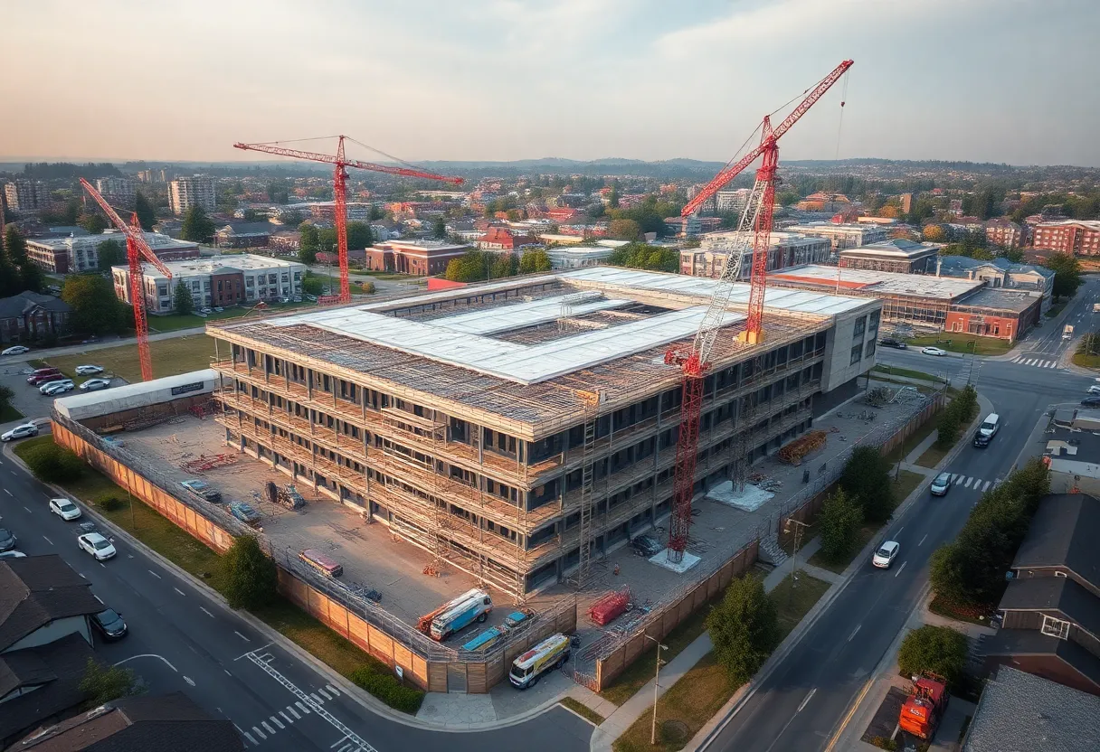 Aerial view of Jefferson High School construction site with cranes and scaffolding