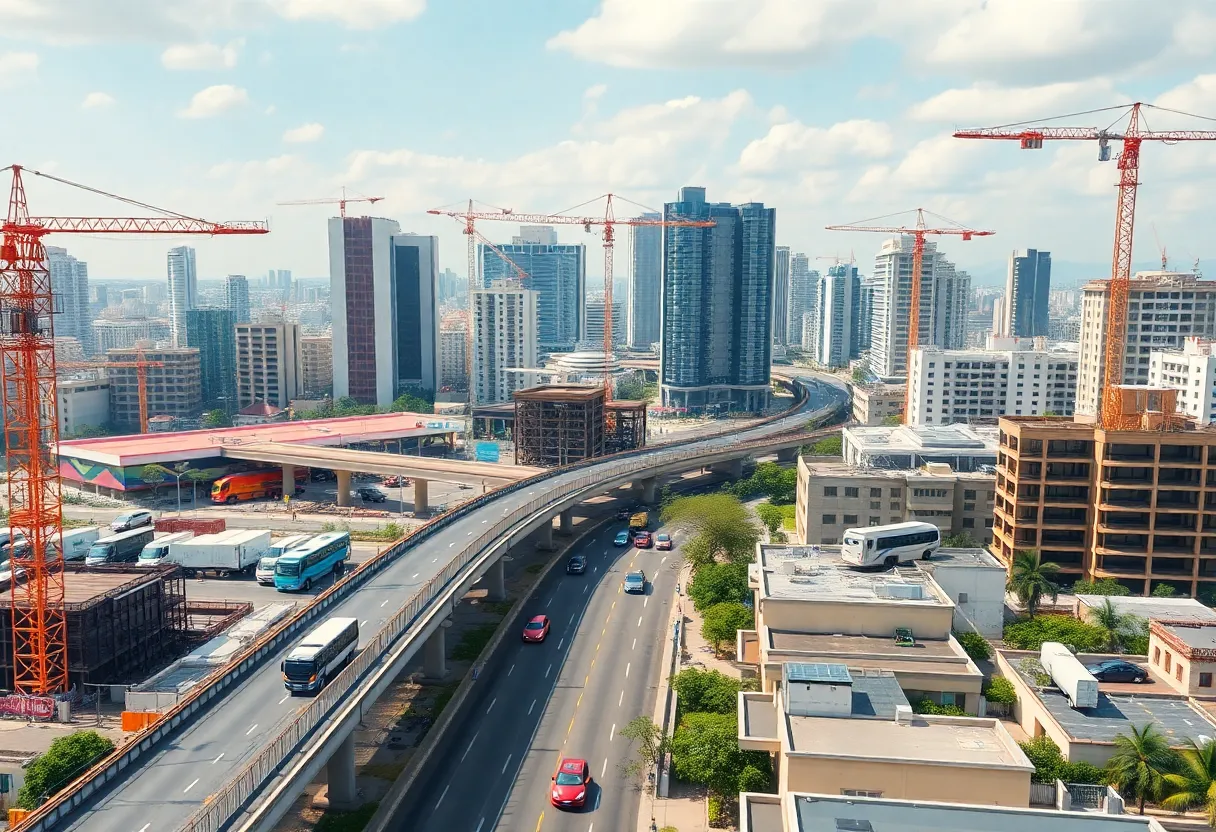 Urban skyline with cranes, infrastructure projects and sustainable construction elements in Latin America