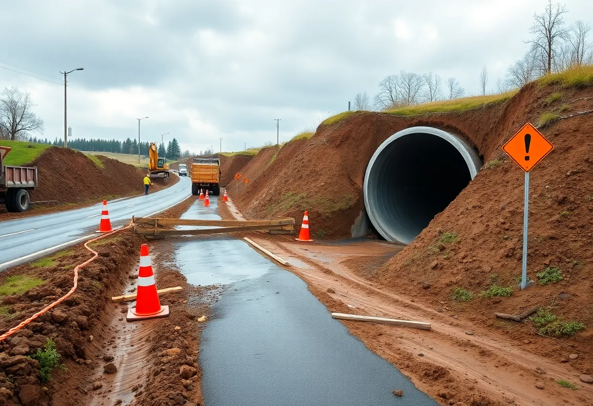 Construction site installing a large aluminum box culvert under a rural road with heavy machinery and vegetated swales