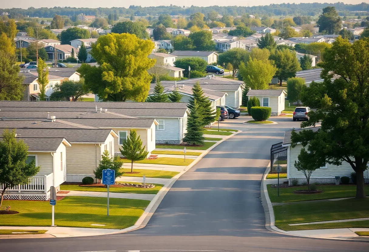 Row of modern manufactured homes with porches and trees in a residential community