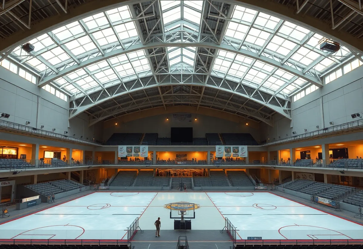 Interior rendering of scaled-back multiuse arena inside Merle Hay Mall with removable ice and volleyball courts