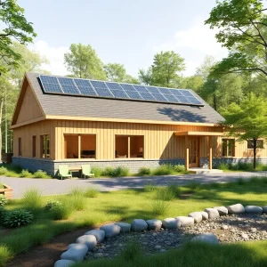 Rendering of a one-story wood-framed net zero conservation headquarters with solar panels and wood accents