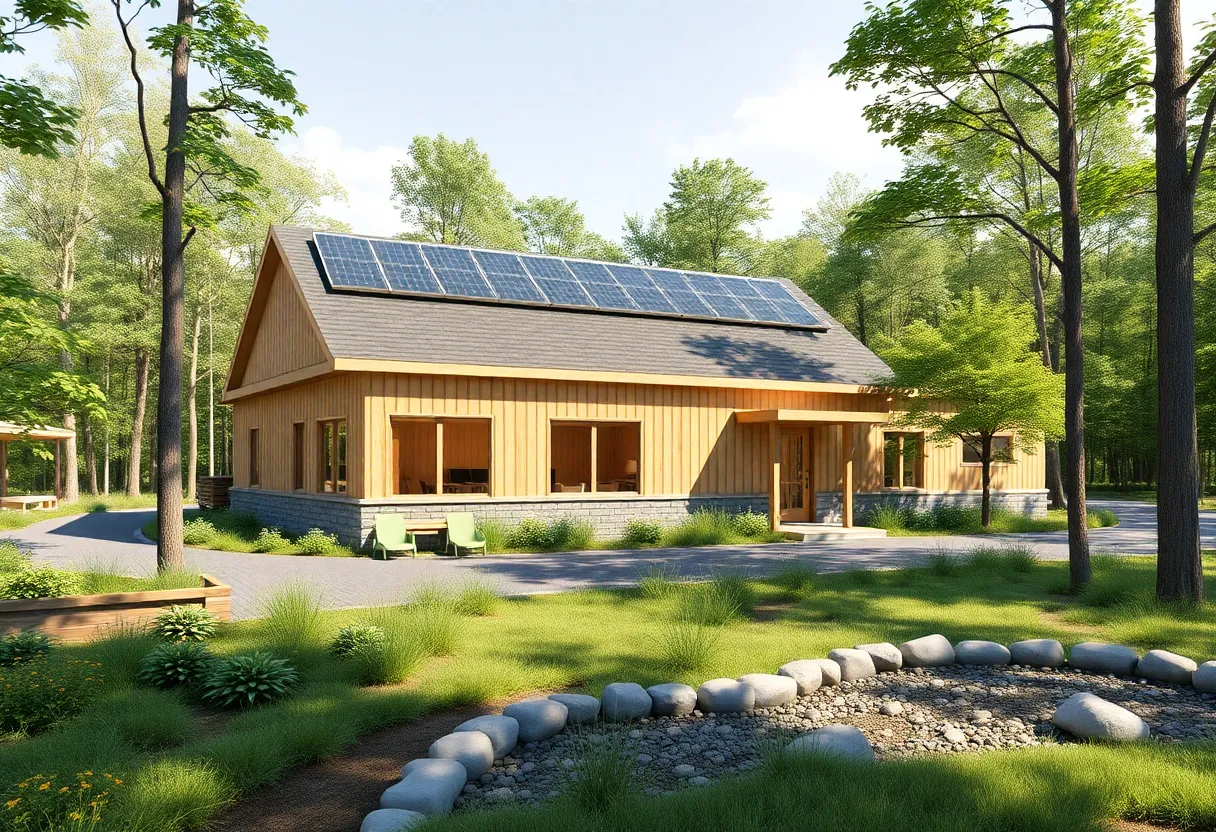Rendering of a one-story wood-framed net zero conservation headquarters with solar panels and wood accents