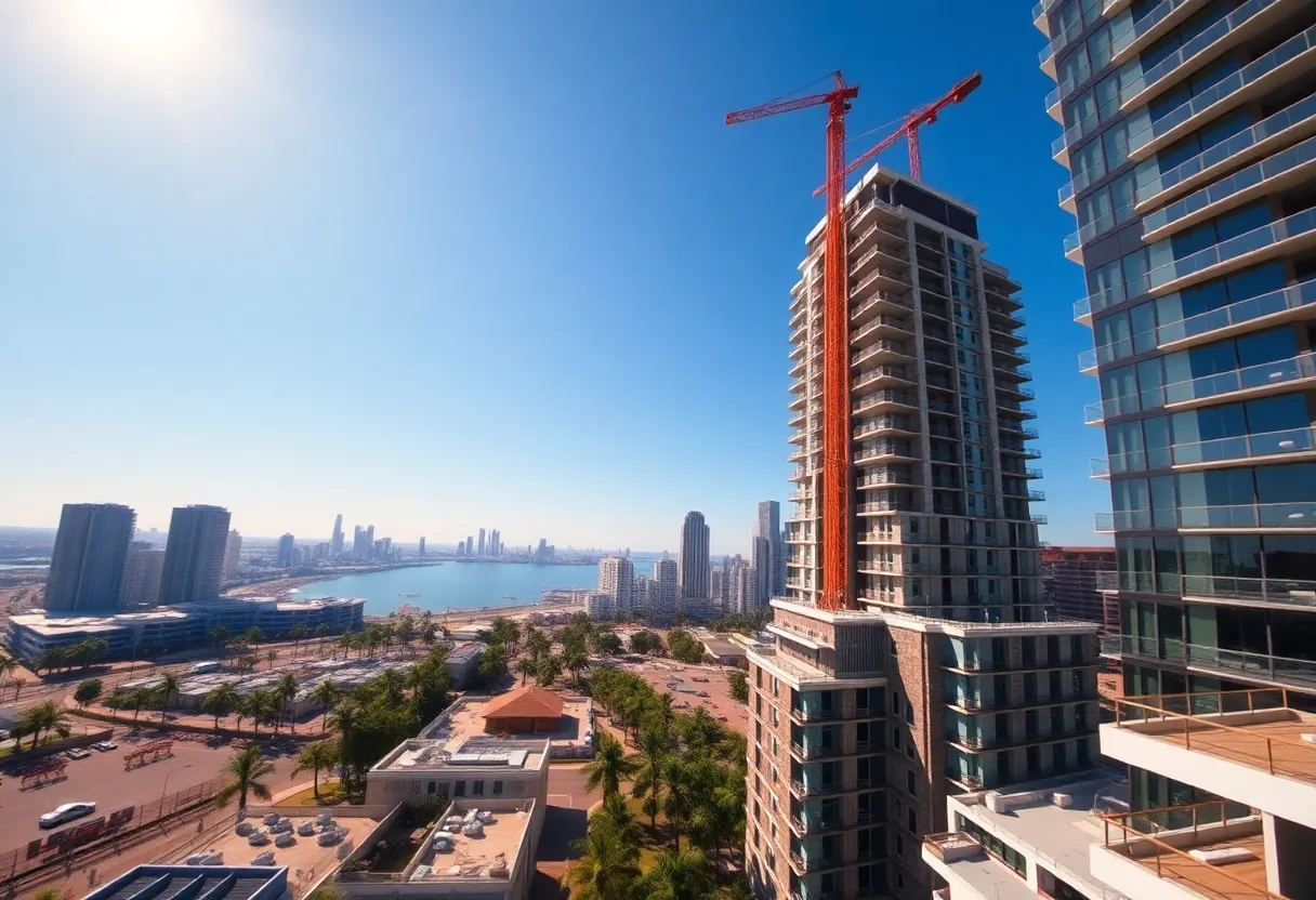Downtown high-rise tower under construction beside a low-rise suburban apartment complex with cranes and palm trees