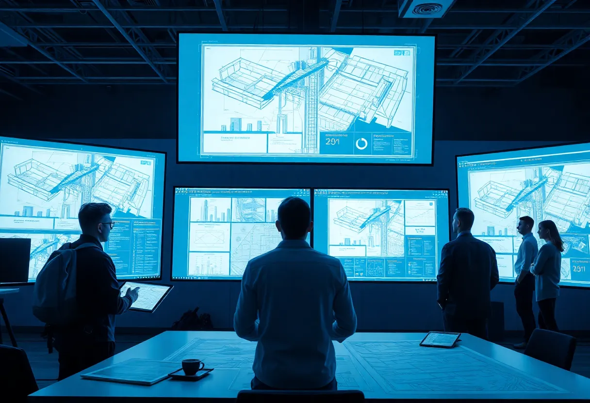 Engineers reviewing 2D PDF drawings on screens with AI overlays, automated markups and priority dashboards.