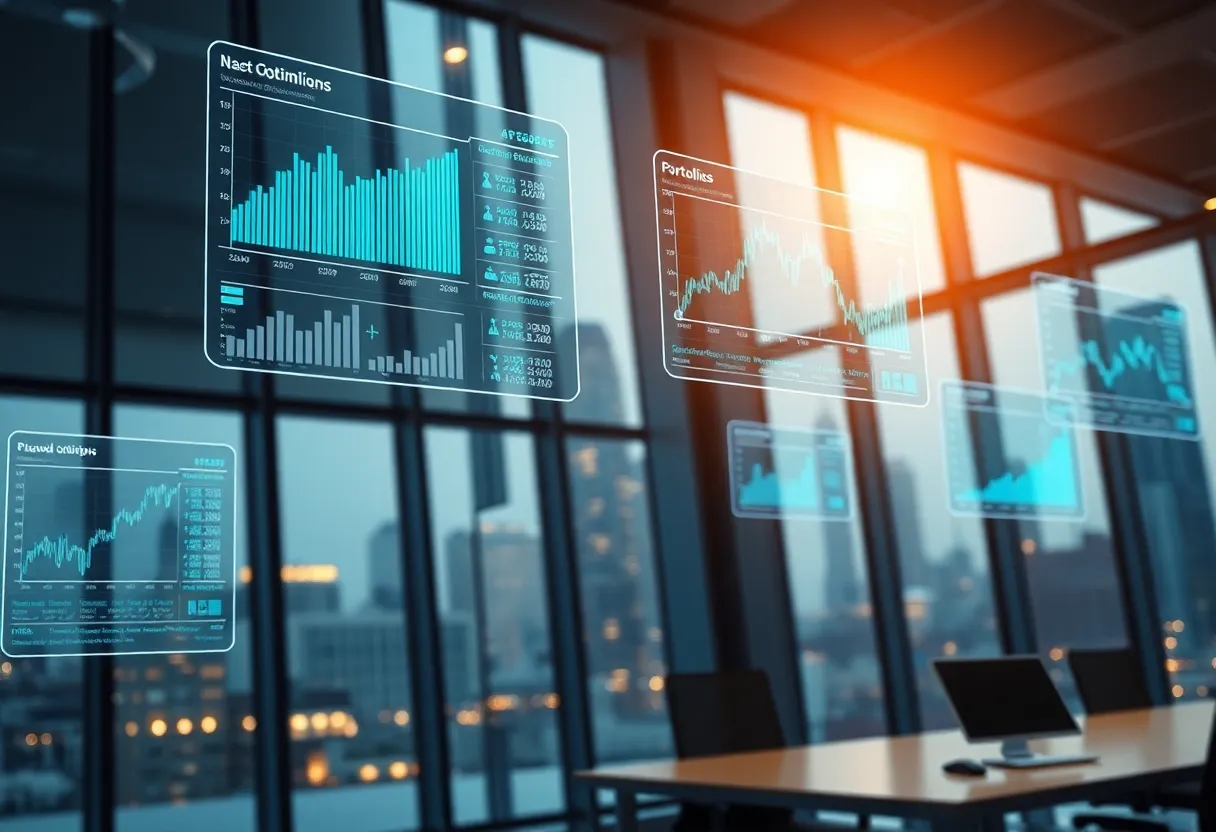 AI-driven portfolio management dashboard showing charts, optimization outputs and trade signals in a fintech office