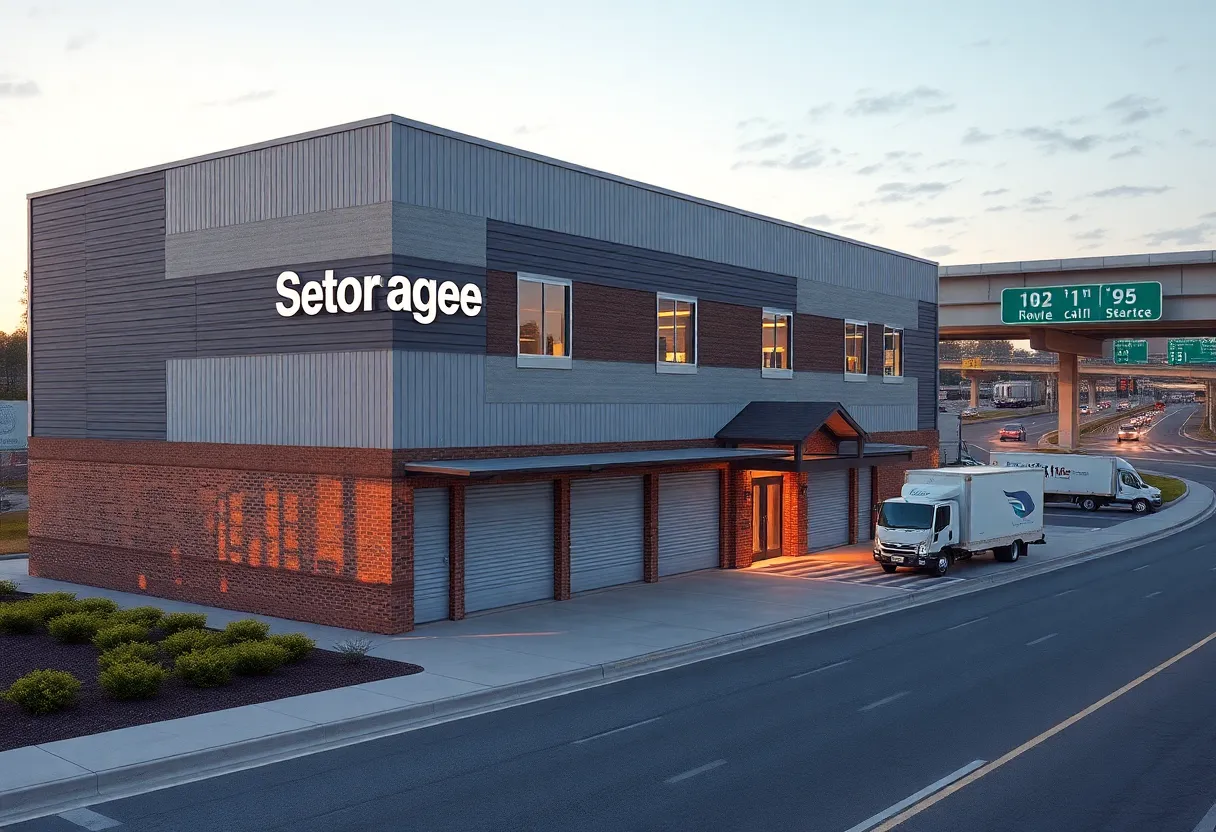Rendering of a six-story climate-controlled self storage facility at a highway interchange with trucks and landscaped frontage