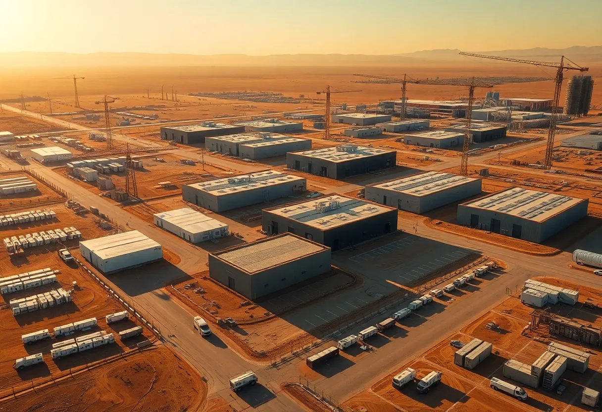 Aerial view of warehouses, data centers, cranes and utility infrastructure in Phoenix industrial area