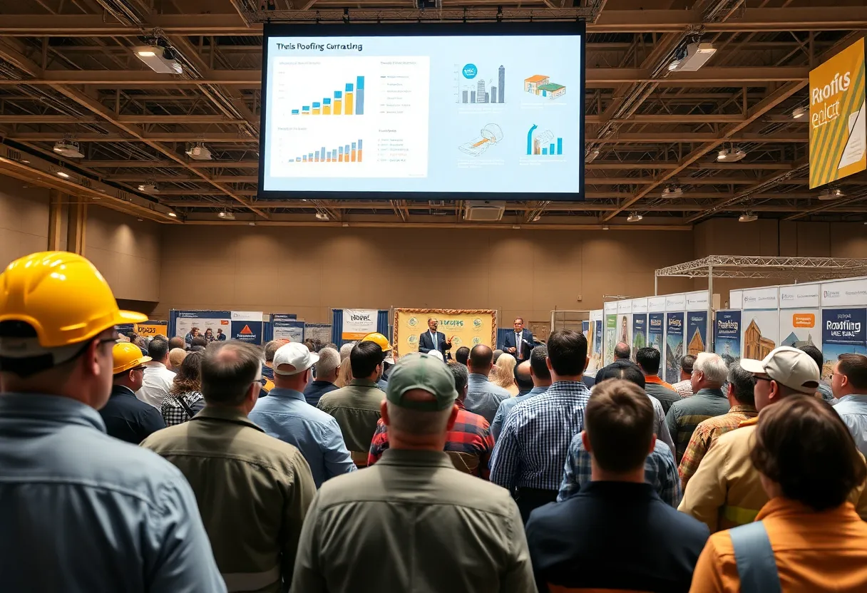 Conference keynote at an industry expo with roofing contractors and projection screen showing abstract charts