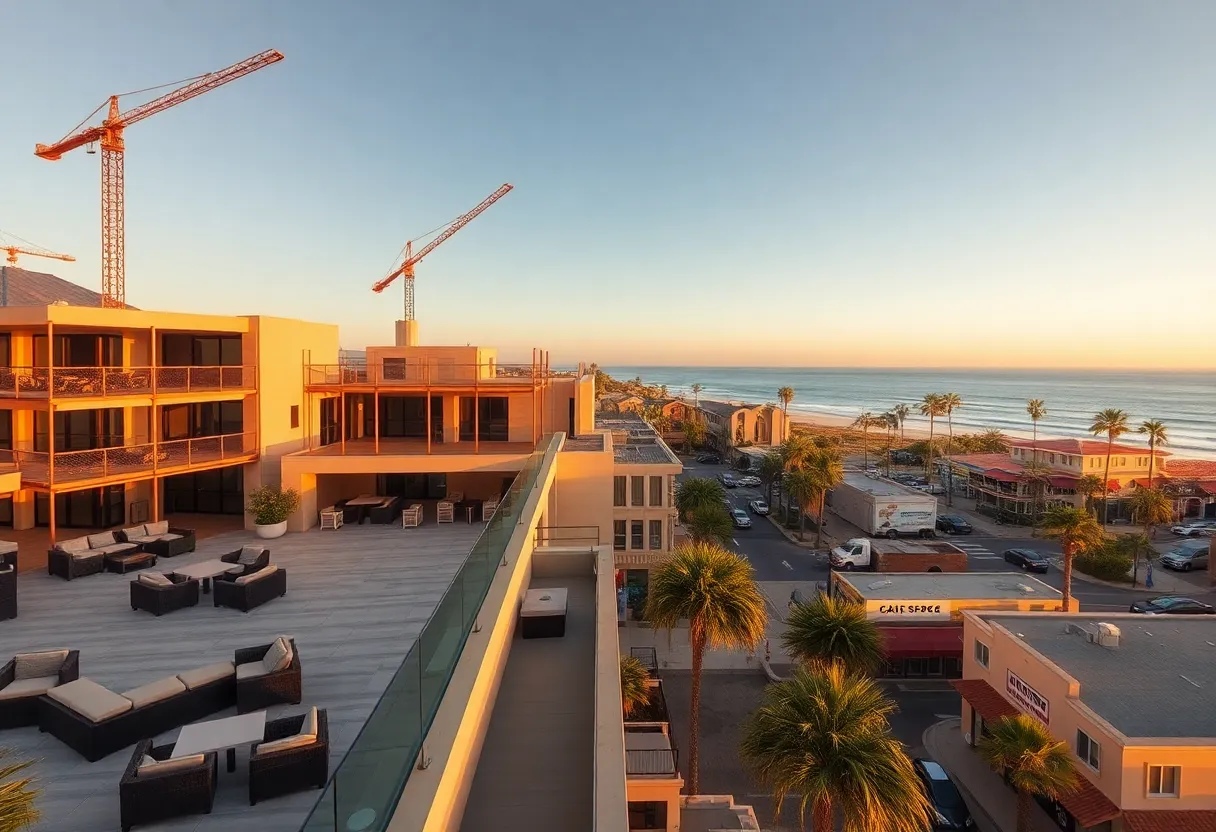 Rooftop terrace and construction cranes at a boutique hotel site on the Santa Barbara coast