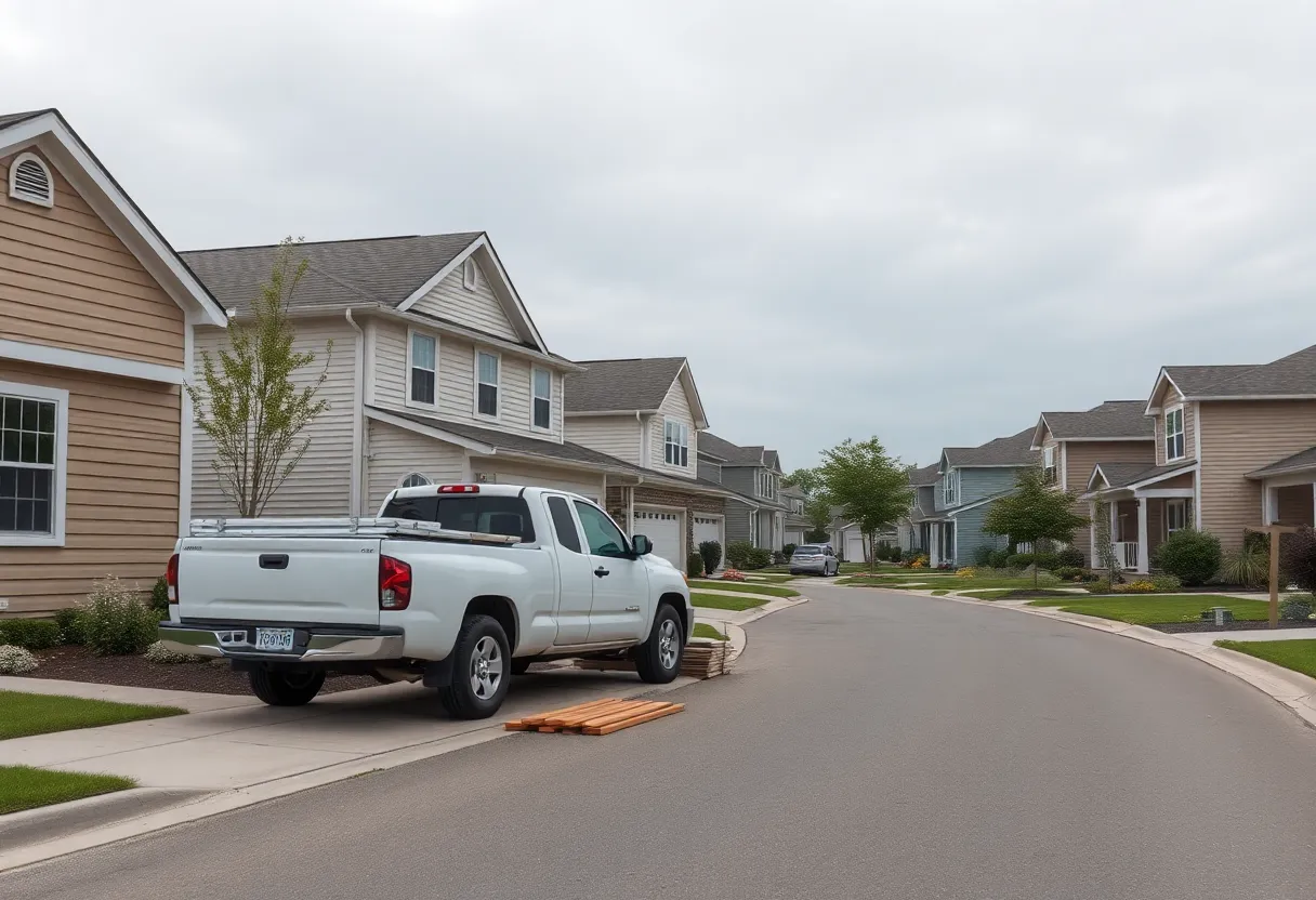 Suburban homes showing vinyl and stucco siding with a parked contractor pickup and stacked siding materials on the driveway