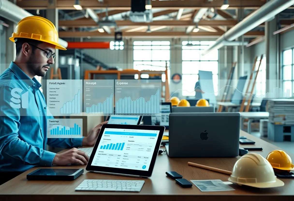 Construction office with tablets showing digital receipt capture and job-level expense dashboard overlay