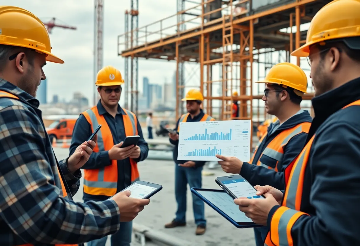 Project team viewing an expense management dashboard on tablets in a construction site office