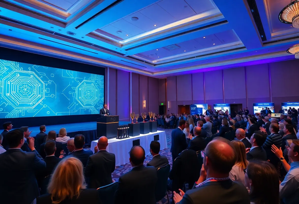 Hotel ballroom stage with tech awards ceremony, audience applauding under blue and purple lighting