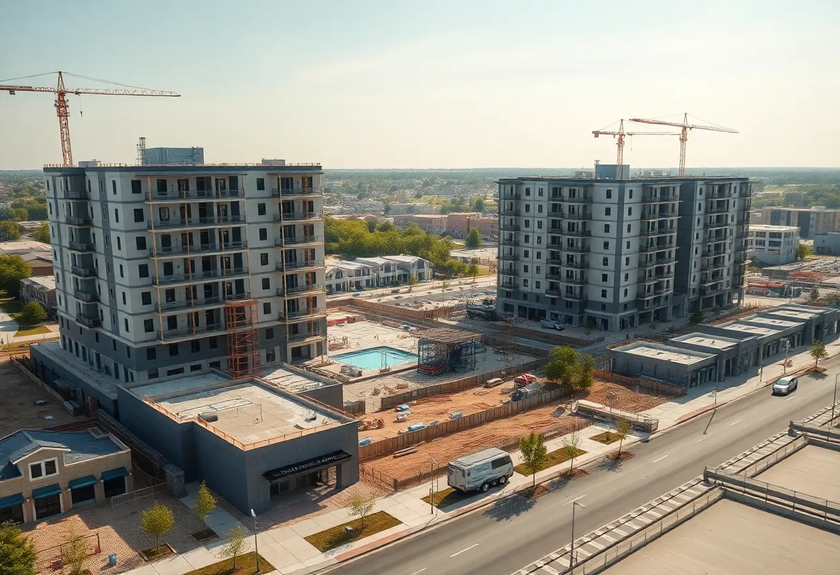 Aerial view of The Raye by Vermella apartment buildings under construction with cranes, pool deck, and adjacent townhomes in New Brunswick, New Jersey.