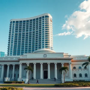 Render of the Trump Presidential Library with hotel near Freedom Tower