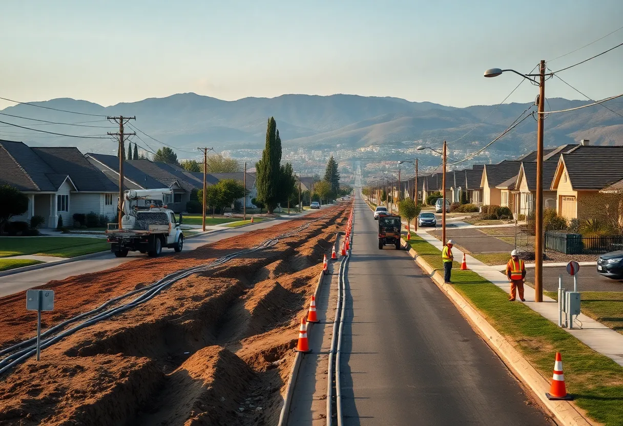 Utility crews trenching to bury power lines in a California neighborhood with smoky hills in the distance