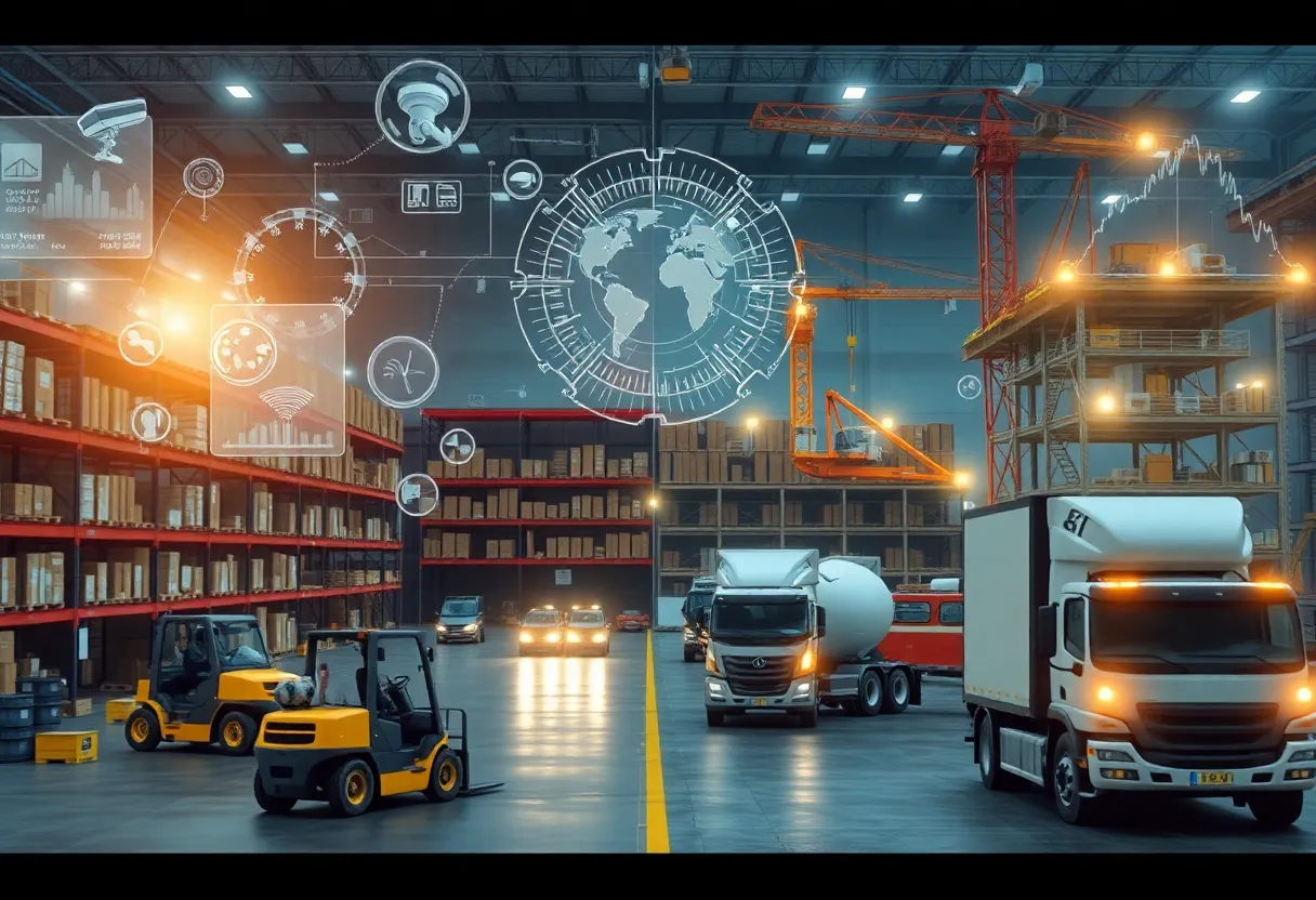 Warehouse and construction site connected by digital overlays representing IoT sensors and AI analytics for safety and operations.