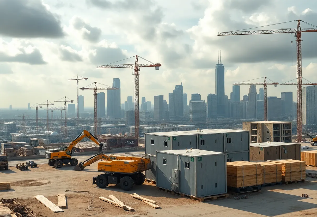 City skyline with multiple construction sites, cranes, electric construction equipment and digital overlays illustrating AI and BIM adoption.