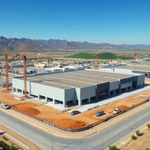 Aerial view of Whitney Ranch retail center construction site with cranes, supermarket structure and retail pad foundations