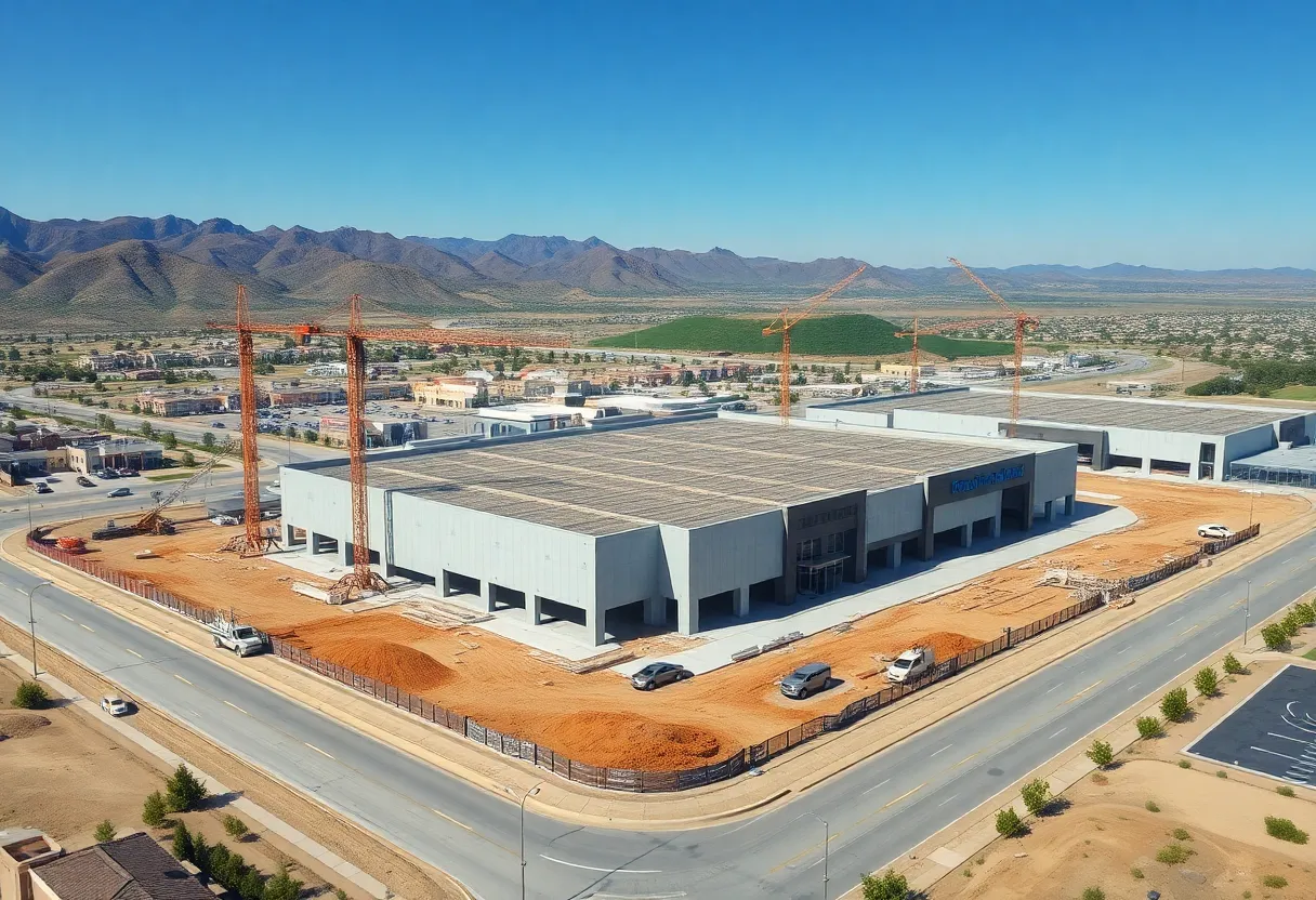 Aerial view of Whitney Ranch retail center construction site with cranes, supermarket structure and retail pad foundations