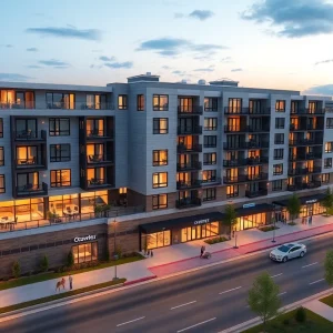 Rendering of eight-story Arbor House apartment building with rooftop pool, terraces, ground-floor retail and landscaped sidewalks near a highway off-ramp
