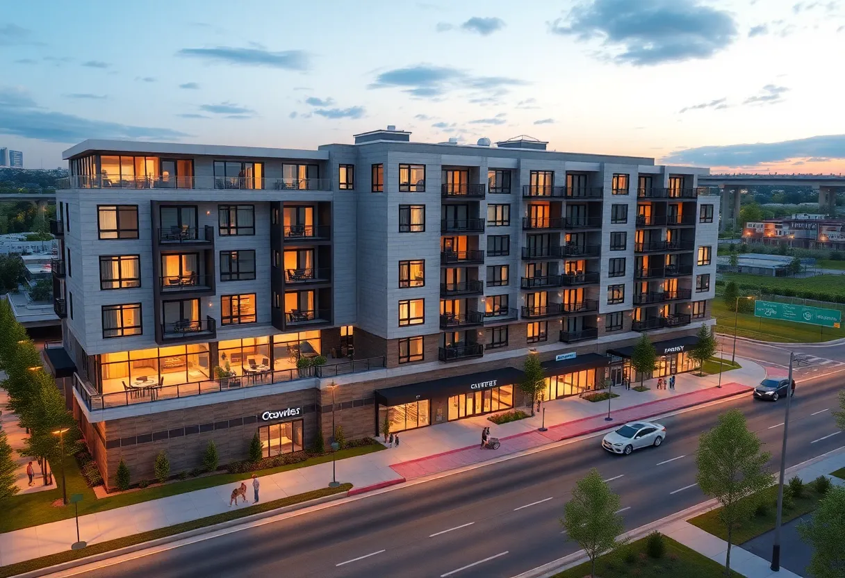 Rendering of eight-story Arbor House apartment building with rooftop pool, terraces, ground-floor retail and landscaped sidewalks near a highway off-ramp