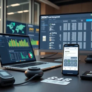 Laptop and monitor showing an asset management dashboard with charts, barcode scanner, smartphone and RFID tags on a desk.