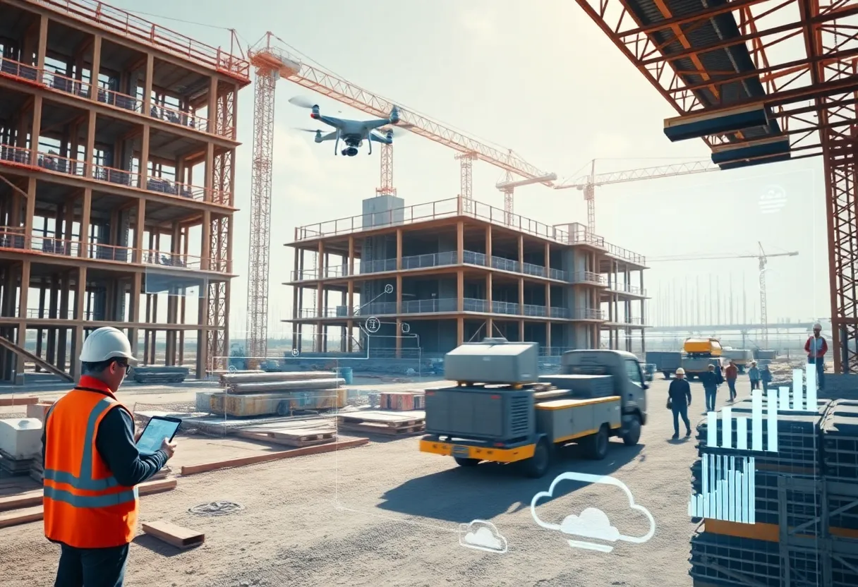 Active construction site with a semi-transparent 3D BIM overlay, workers using tablets, drones and IoT sensors with digital twin visualizations