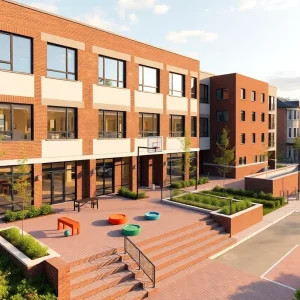 Exterior rendering of a three-story affordable housing building with courtyard, playground and basketball court in an urban neighborhood