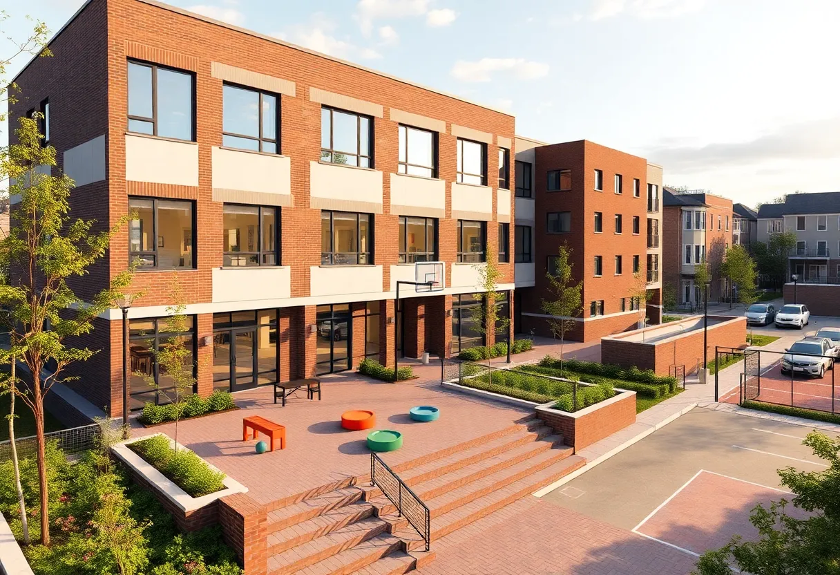 Exterior rendering of a three-story affordable housing building with courtyard, playground and basketball court in an urban neighborhood