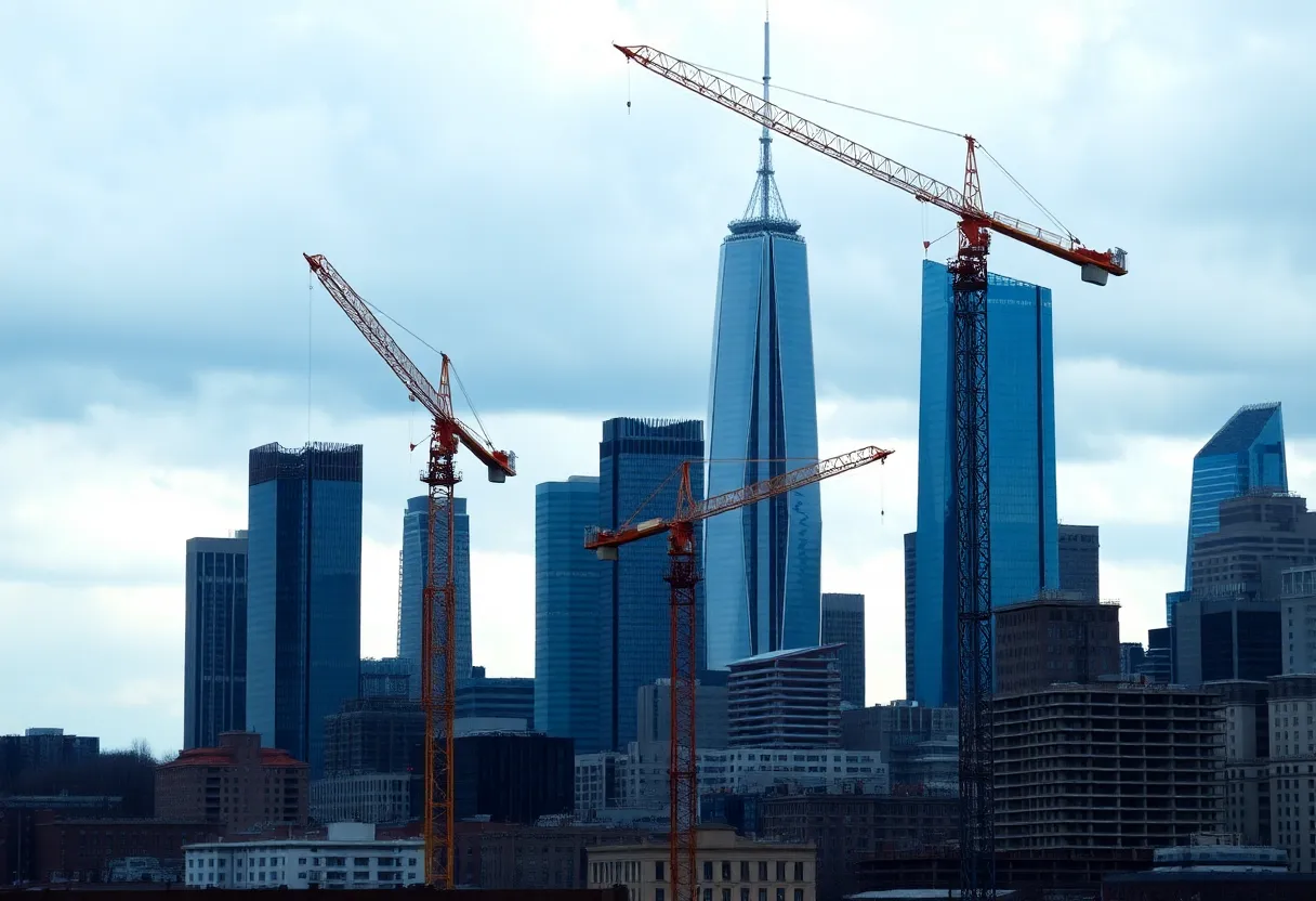 Cranes in a city skyline indicating construction slowdown
