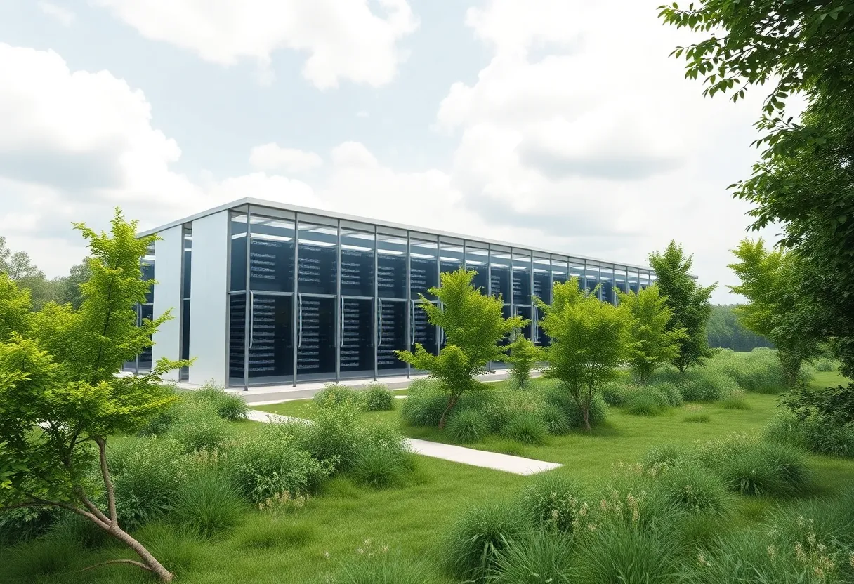 Illustration of a modern data center facility in an industrial area