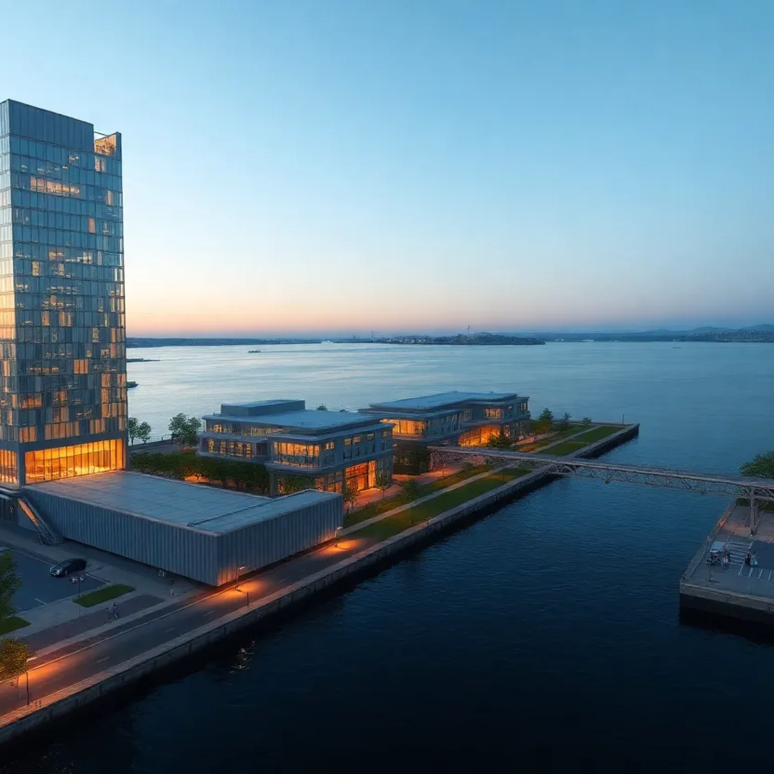 Architectural rendering of the proposed 25-story mixed-use tower and on-site ferry terminal at 615 River Road, Edgewater, NJ