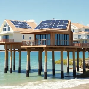 Architectural rendering of elevated homes in Florida with sustainable features.
