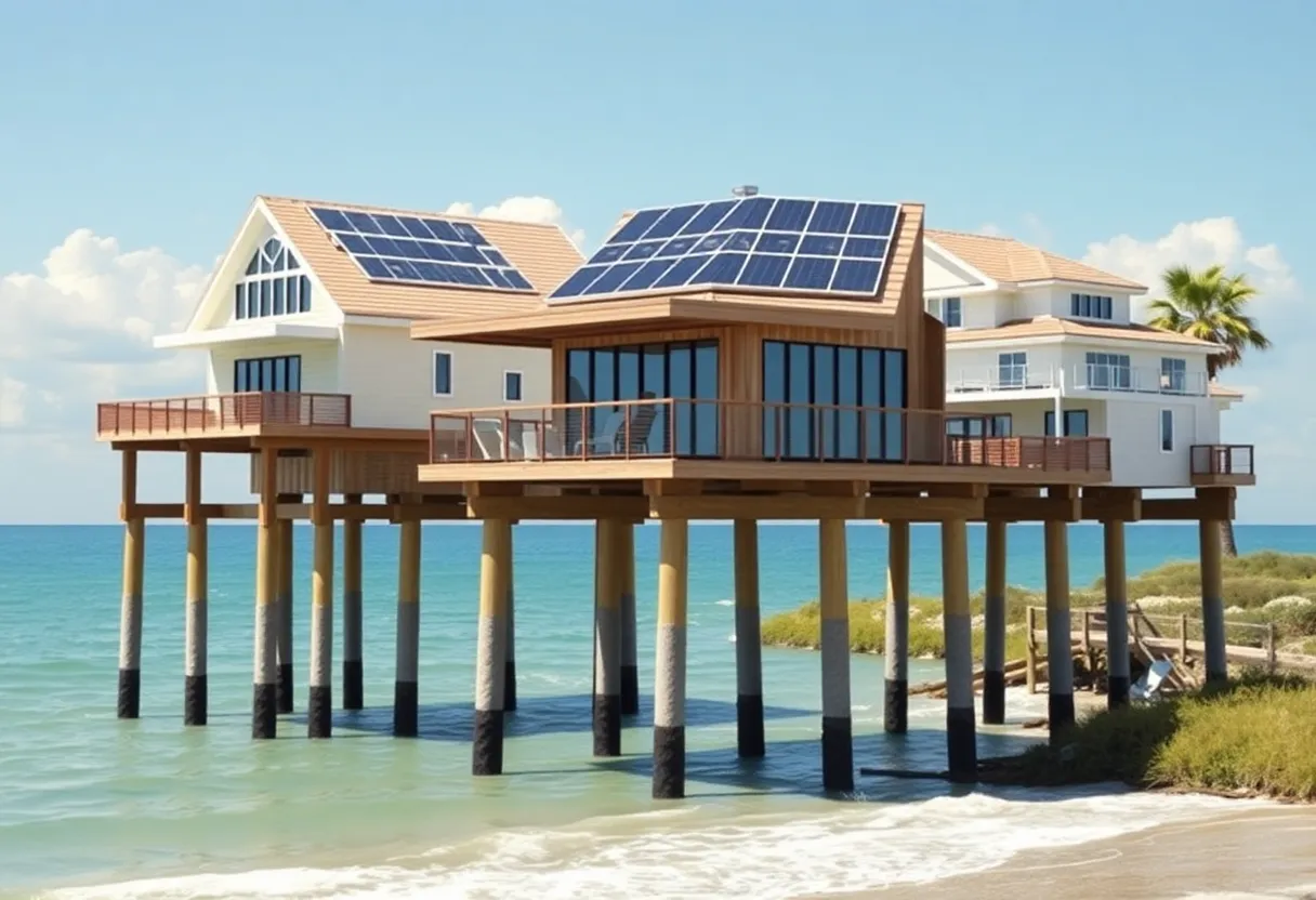 Architectural rendering of elevated homes in Florida with sustainable features.