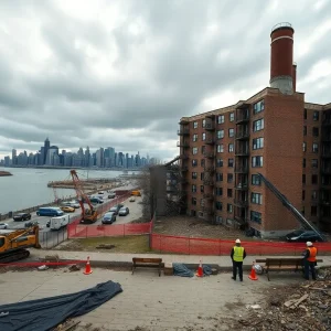 Idled tunnel construction cranes near the Hudson with a Bronx high-rise showing a collapsed brick chimney cordoned off