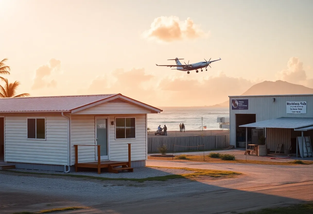 Manufactured home, Puerto Rico manufacturing hub building, and a regional plane over a coastline