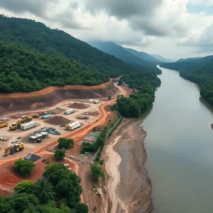 Aerial view of Oko West early construction works beside a river with heavy equipment and access roads in a tropical rainforest