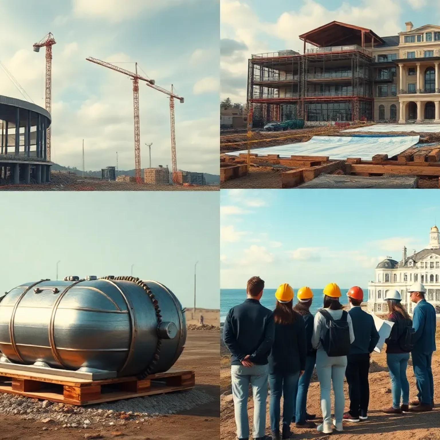 Montage of Rhode Island construction scenes including stadium demolition, a recovered time capsule, students in hard hats with blueprints, and a Newport cliffside mansion.
